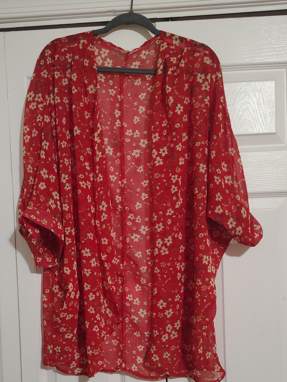 Red Floral Sheer Kimono Cardigan EUC
